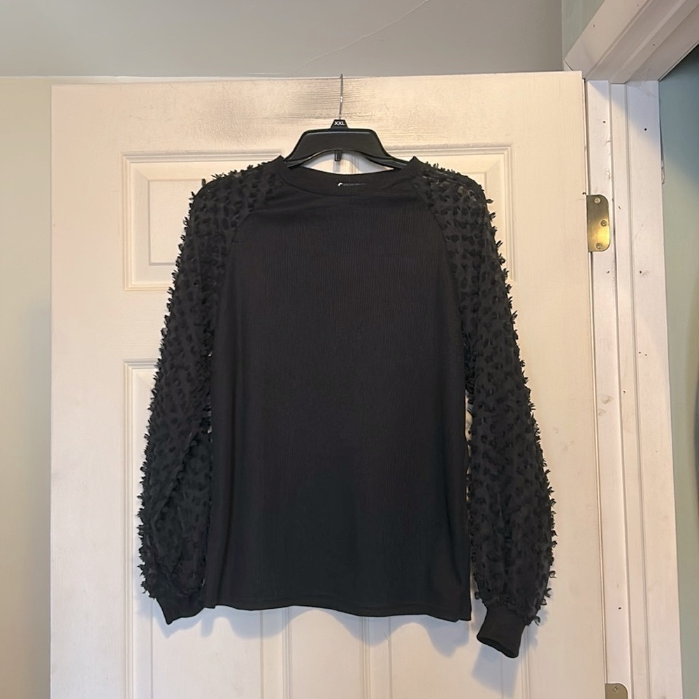 Miholl Black Top with Textured Puff Style Sheer Sleeves Size Small